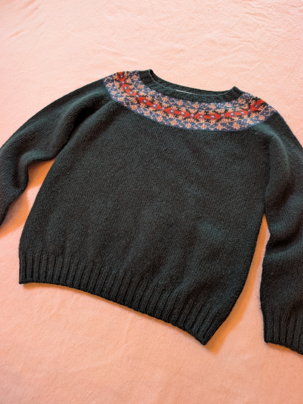 Girls 9-10Y Green Fair Isle Yoke Wool Sweater